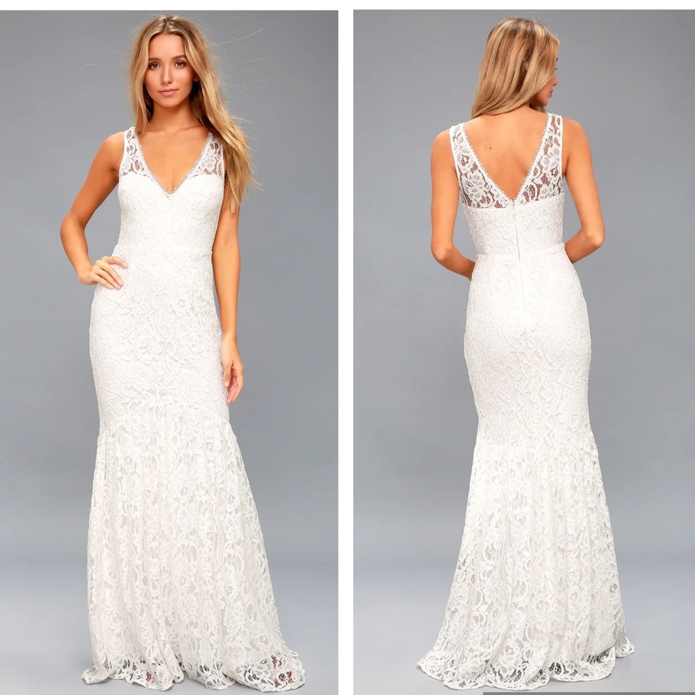 Lulu’s Elbridge White Lace Maxi wedding Dress Med